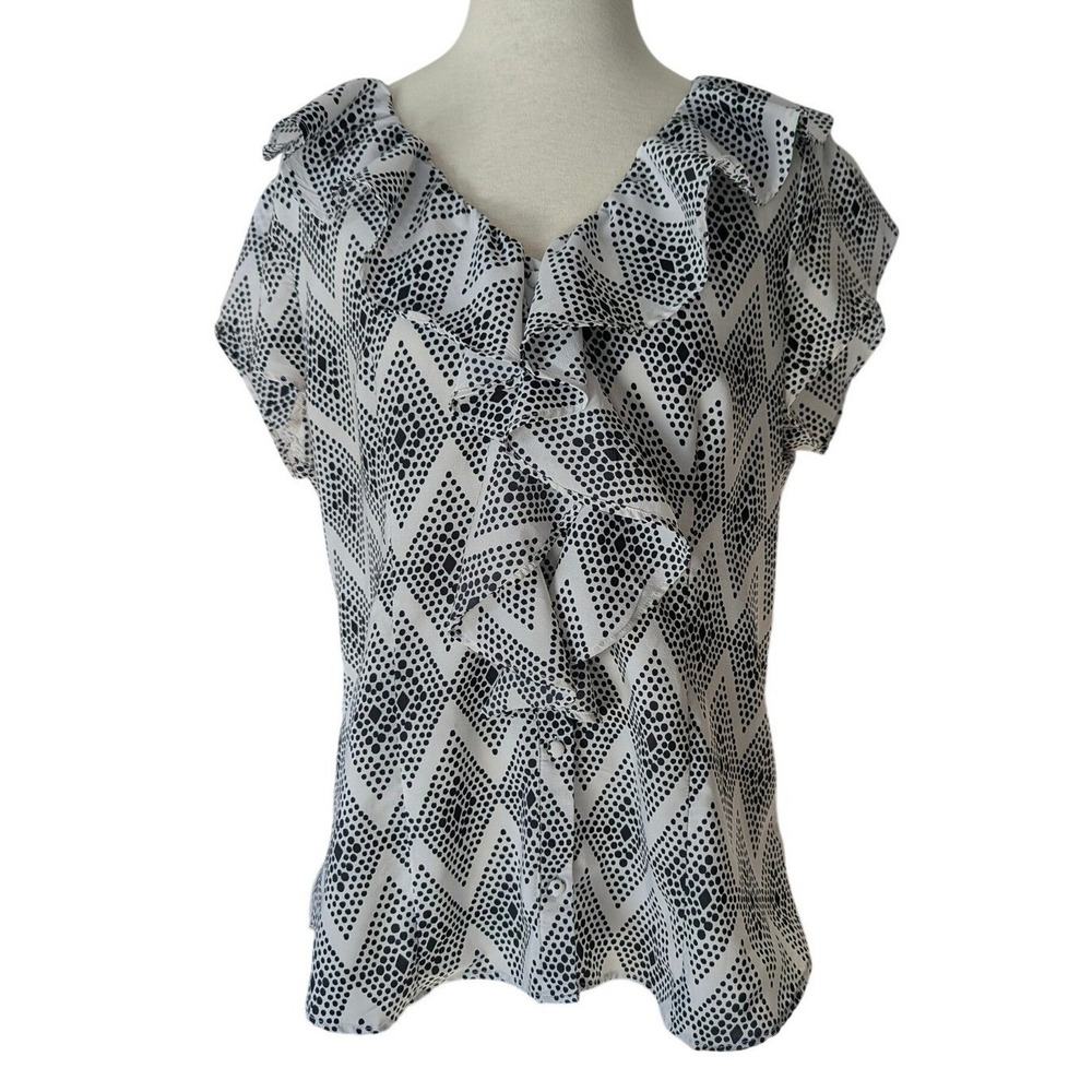 Banana Republic Womens Large Black White Dot‎ Ruffle V-Neck Polyester Blouse Top